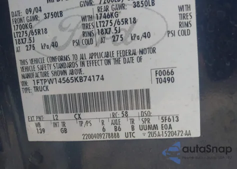 2005 Ford F-150 Fx4/Lariat/Xlt z USA, uszkodzony, nr VIN 1FTPW14565KB74174